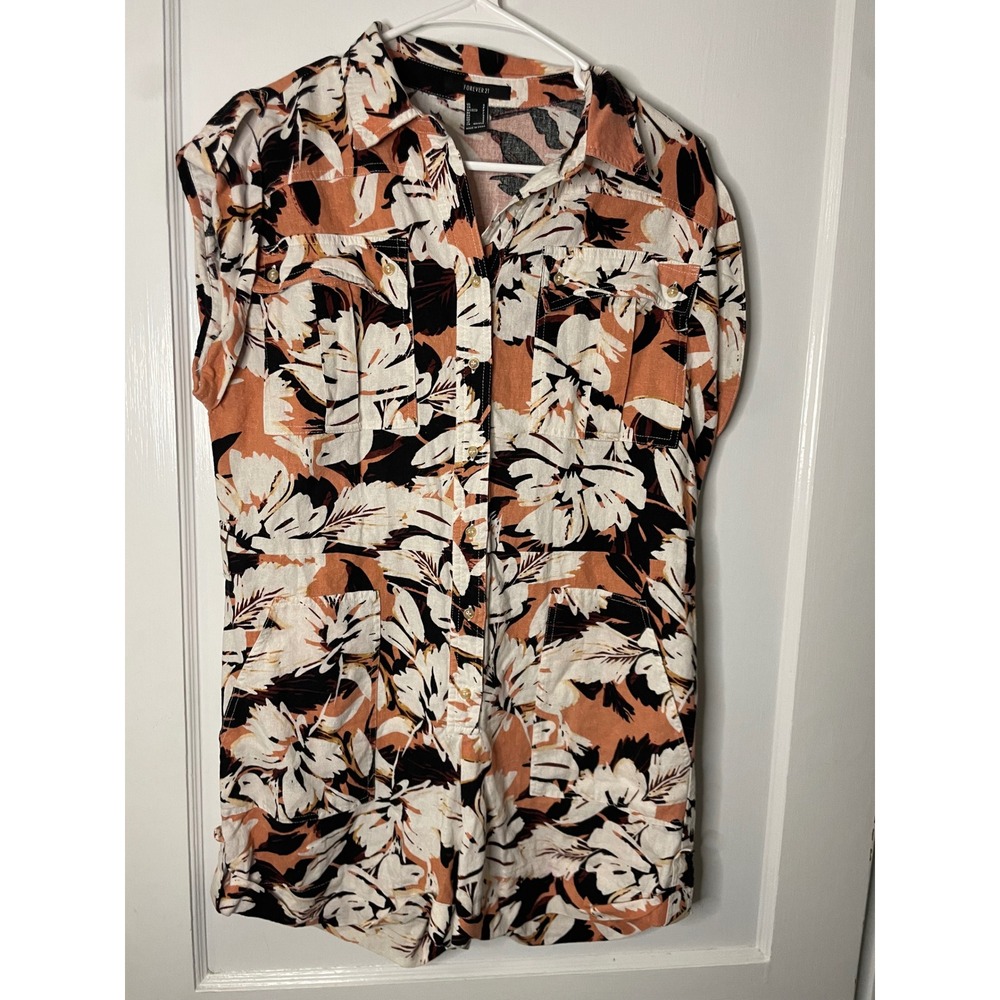 Forever 21 Floral Print Romper Women's Short Sleeve‎ Button Down Beige Black